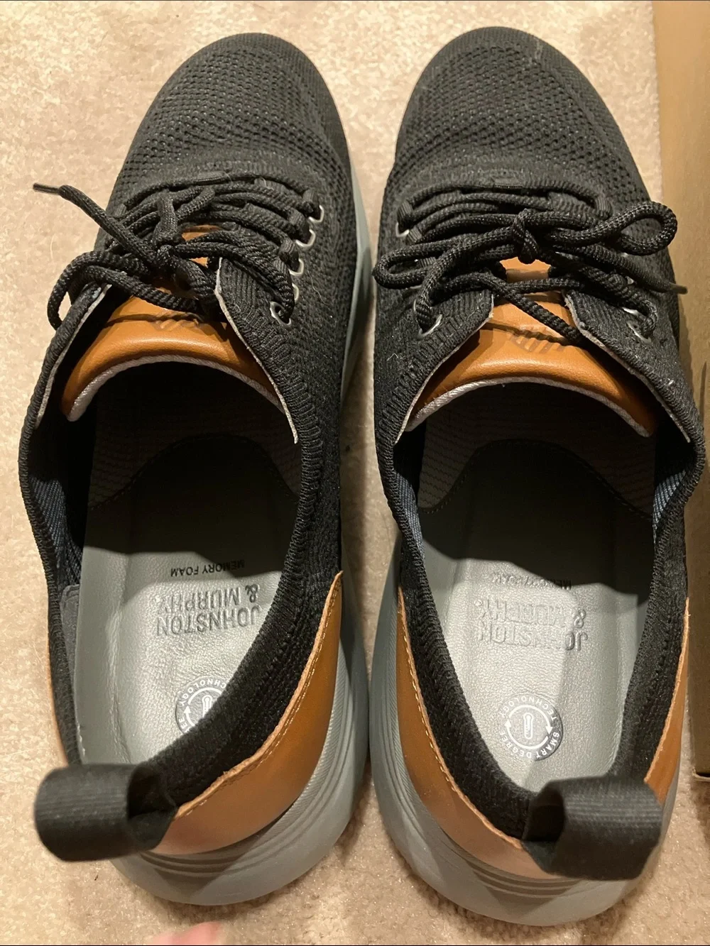 Johnston & Murphy Amherst Black Knit Sneakers with Brown Heel Accent